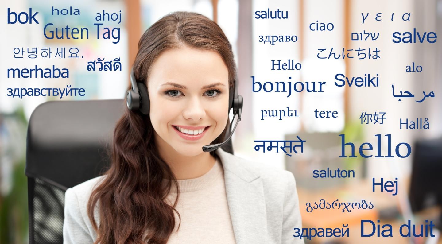 Frau mit Headset und Begrüßungen in verschiedenen Sprachen