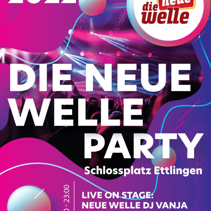 Das Bild zeigt ein pinkfarbenes Plakat mit der Aufschritt Die neue Welle Party.
