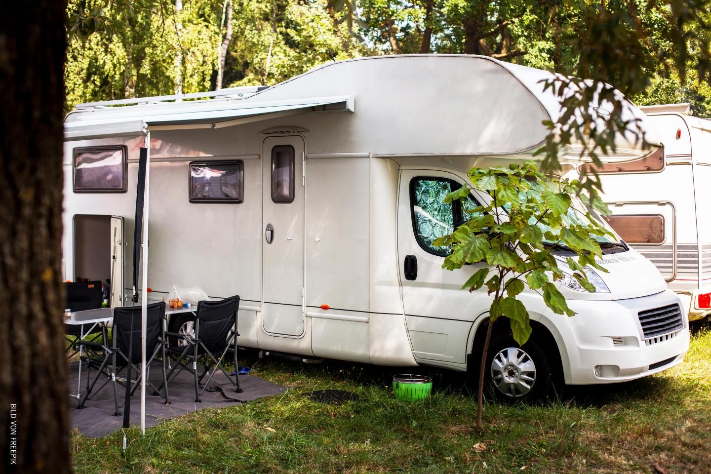 Ein Wohnmobil steht geparkt auf einer Grünfläche, teilweise von einem Baum verdeckt.
