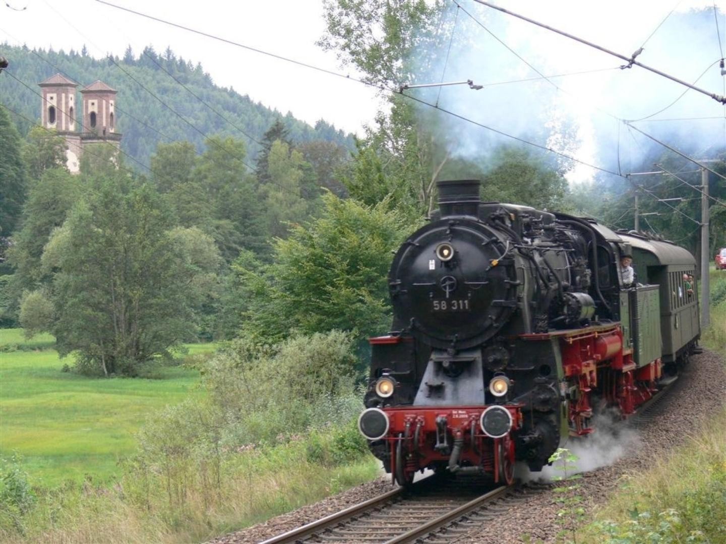 Historischer Dampfzug durchquert Wald- und Weidegebiet