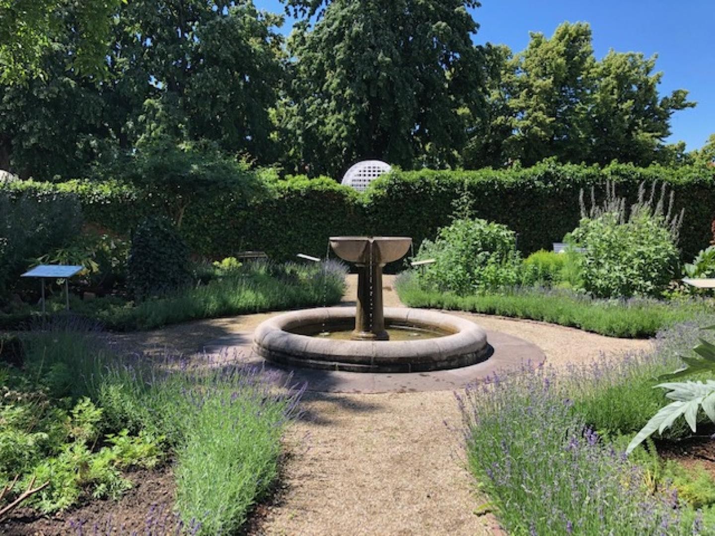 Kelchbrunnen mit darum liegenden Kräuterbeeten