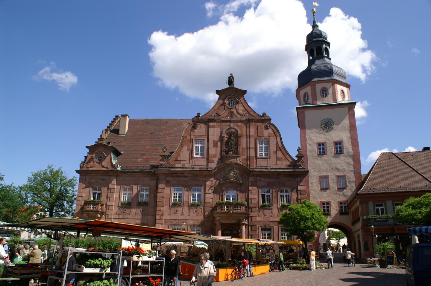 Wochenmarkt mit Ansicht Rathaus
