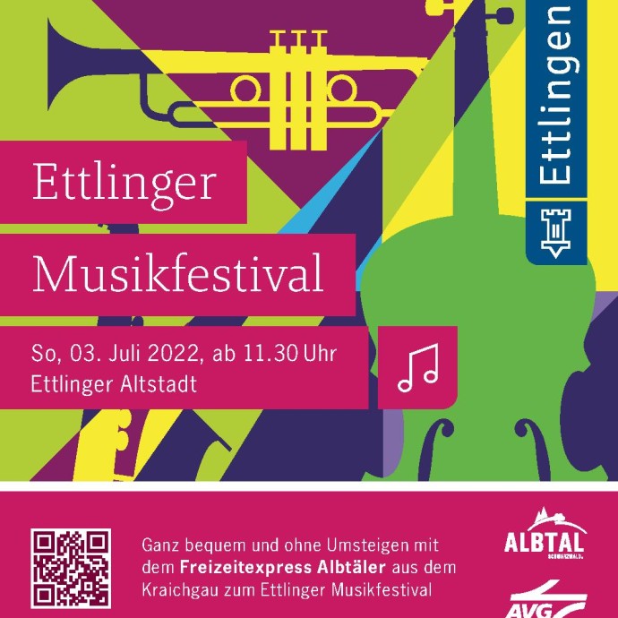 Das Plakat für das Musikfestival zeigt stilisiert Musikinstrument in grün und lila