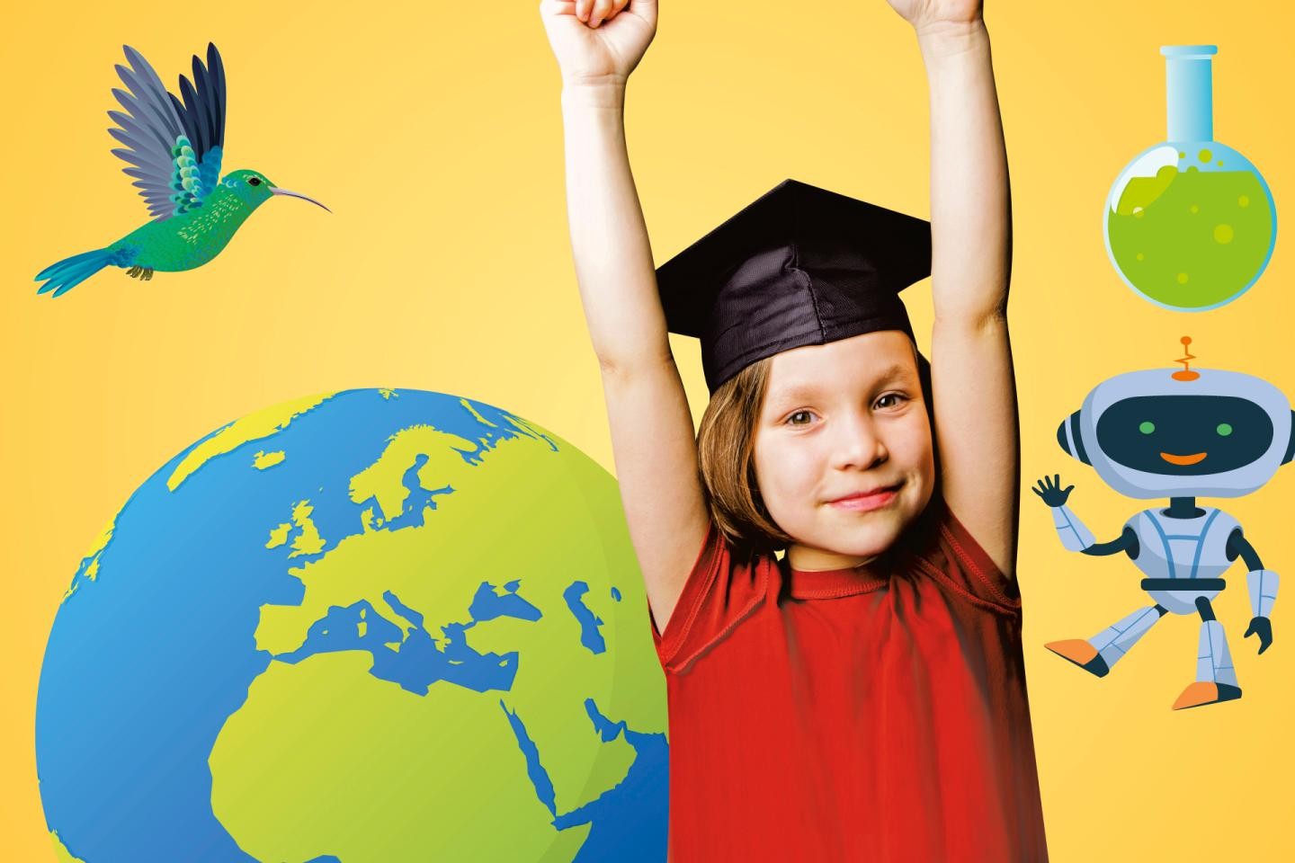  lachendes Mädchen mit Doktorandenhut, das ihre Arme nach oben streckt. Im Hintergrund Weltkugel, Kolibri, Reagenzglas und Roboter.