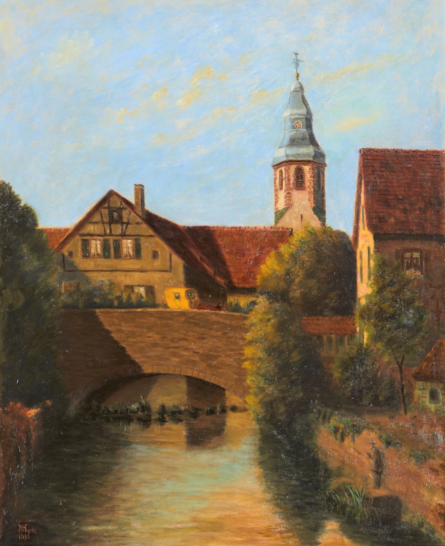 Adolf Mahl, Alt Ettlingen mit Postkutsche, 1936, Öl auf Leinwand