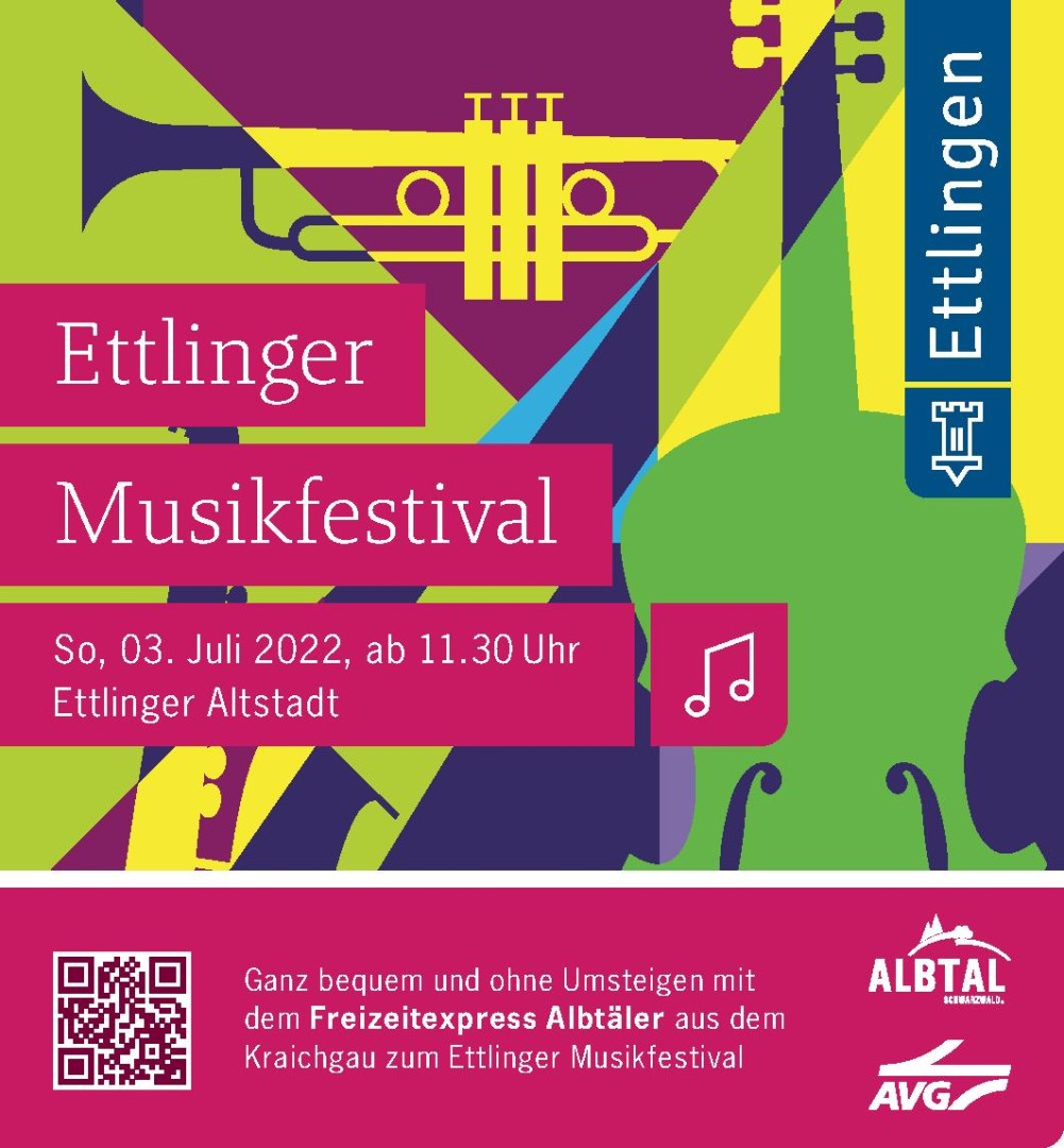 Das Plakat für das Musikfestival zeigt stilisiert Musikinstrument in grün und lila