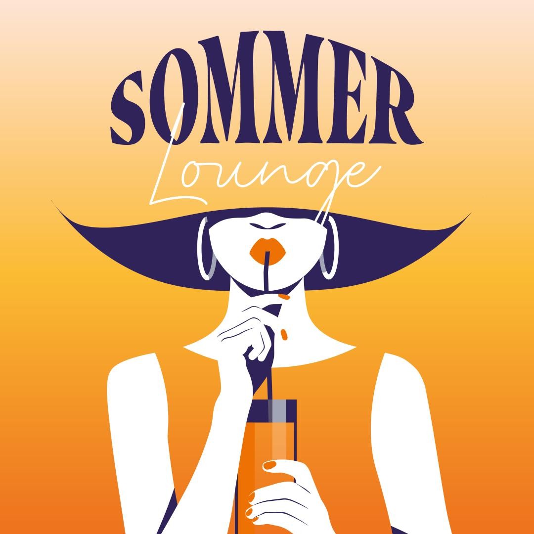 Plakat mit der Aufschrift Sommerlounge Plakat mit der Aufschrift Sommerlounge und einer Dame mit einem Cocktailglas in der Hand