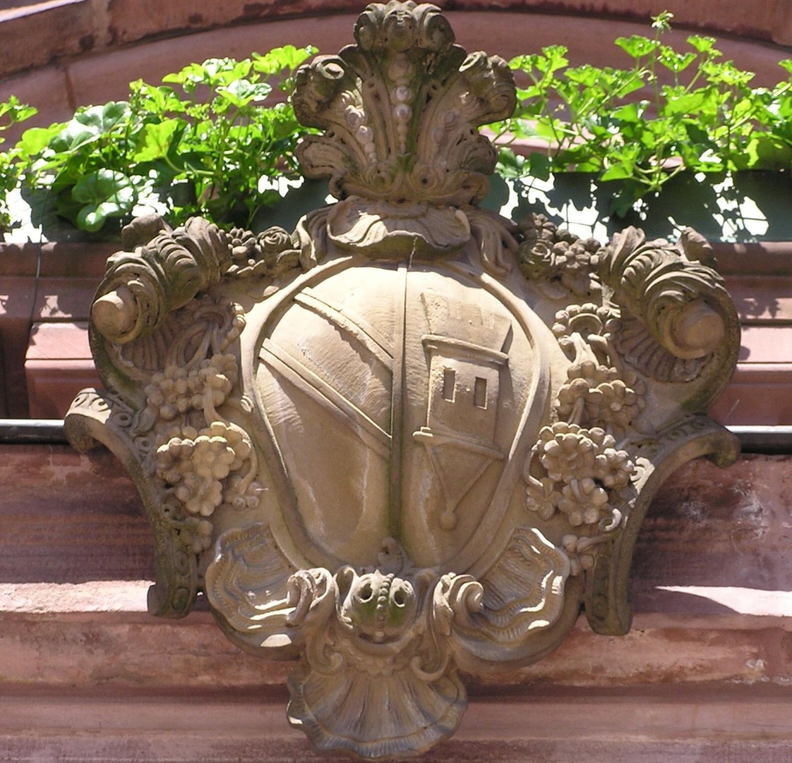 Steinernes Wappen über dem Rathausportal im sommerlichen Flor