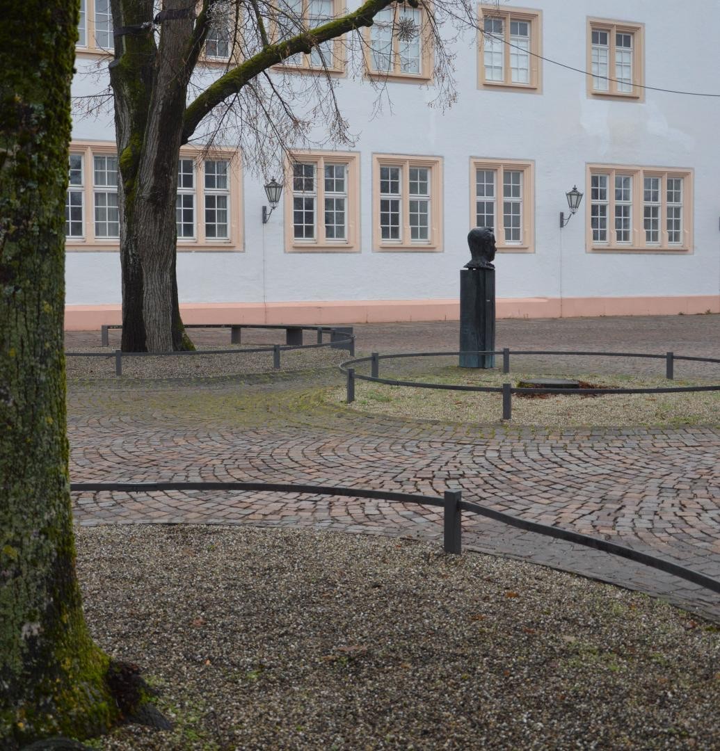 Drei runde Baumquartiere auf dem Rimmelspacher Platz, in dem einen wird ein Baum nachgepflanzt werden.