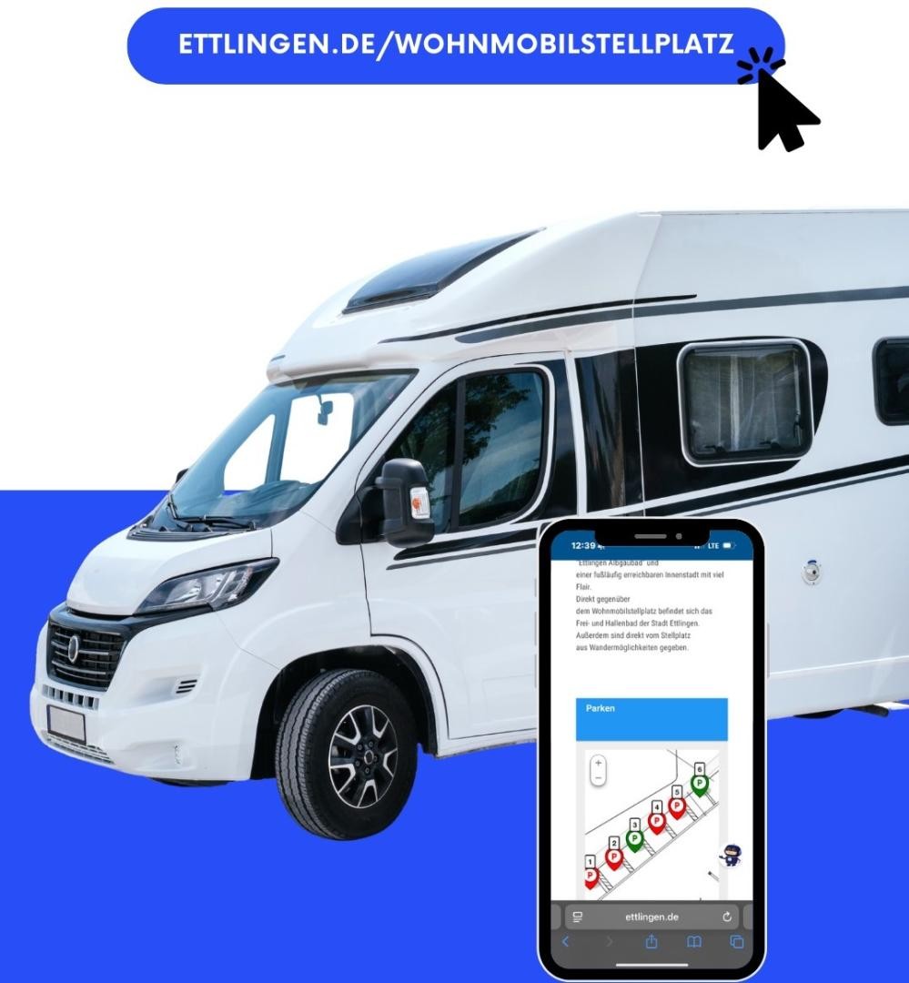 Symbolbild, es zeigt ein Wohnmobil, davor ein Smartphone mit der digitalen Info und dem Link.