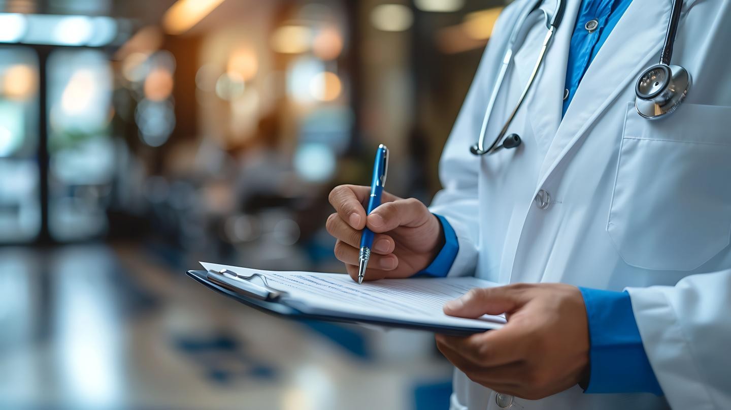 ein Arzt im weißen Kittel mit dem Stetoskop und einer Krankenakte in der Hand