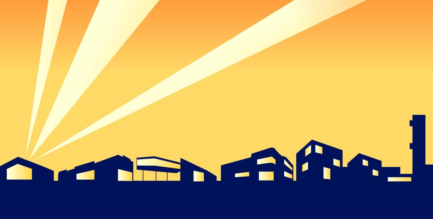 Nacht des Gewerbes Eine Gebäudesilhouette von Unternehmen im Industriegebiet im Gegenlicht der untergehenden Sonne, gemalt