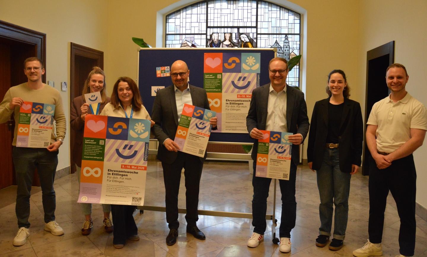 Die Macher der Ehrenamtswoche. Maximilian Hirsch, Kultur- und Sportamt, Melanie Mundle Touristinfo, Sabine Süß, Stadtmarketing, OB Arnold, Christoph Bader, Kultur- und Sportamt, Verena Mückschel Persönliche Referentin, Sebastian Becker, Bildungsamt.