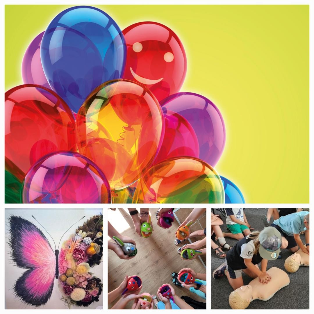 Ferienpasssymbol bunte Ballons sowie weitere Fotos mit Projektbeispielen 
