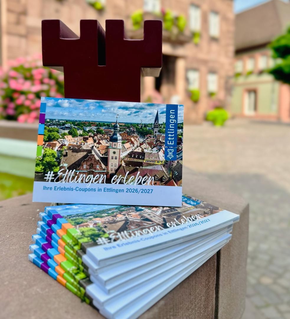 Ein Stapel Broschüren, dahinter das Lauerturmsymbol, alles auf dem Marktplatz vor dem Rathaus