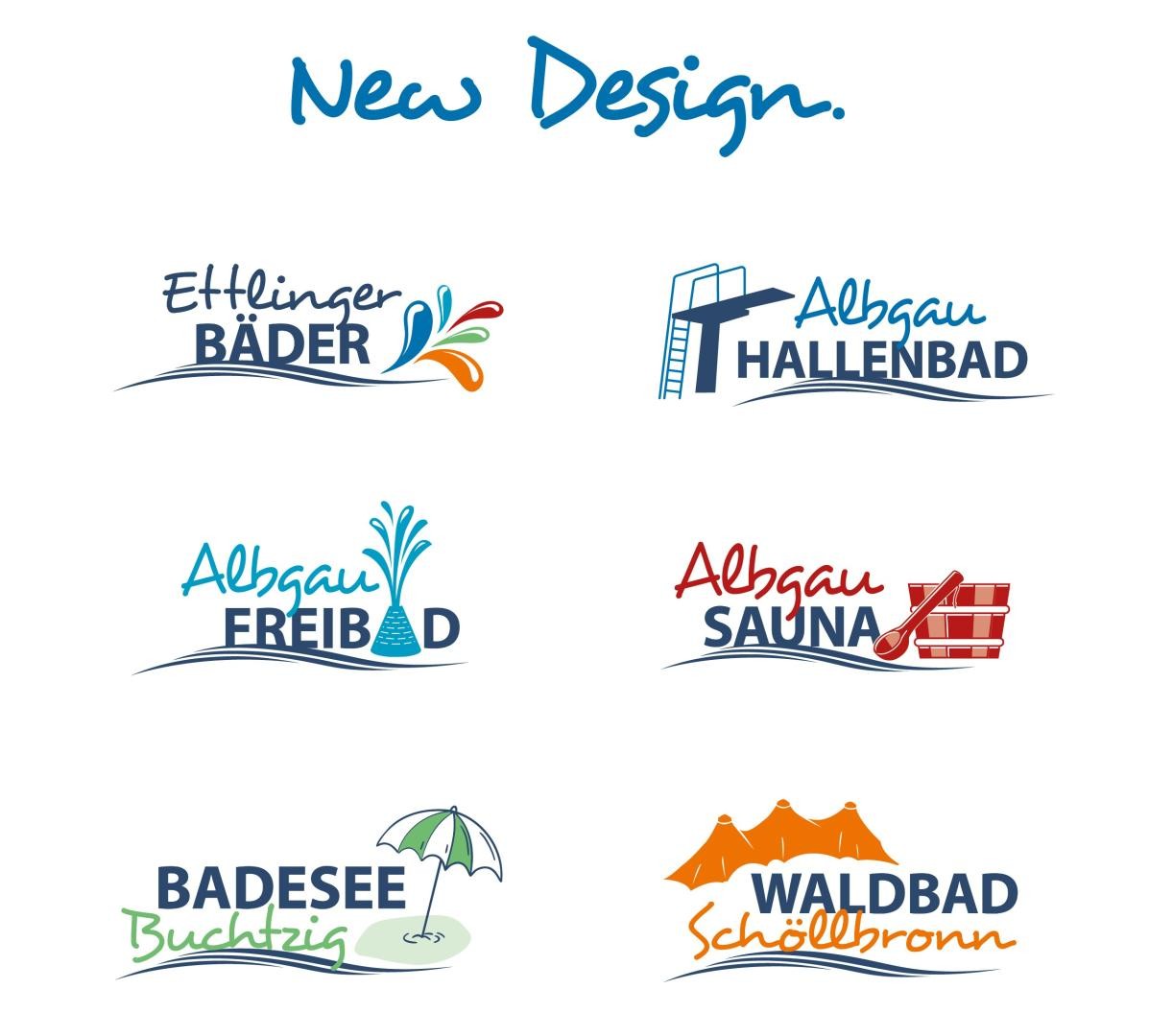 Die sechs Logo für die Bäder der Stadtwerke jedes mit dem Charakteristischen für die jeweilige Einrichtung