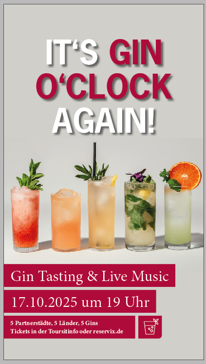 It´s Gin O´Clock Again!, Gin Tasting, Live Musik, Touristinfo Ettlingen It´s Gin O´Clock Again!, Gin Tasting, Live Musik, Touristinfo Ettlingen