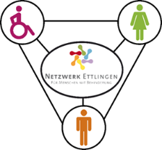 Logo mit Symbolen Rollstuhlfahrer, Frau und Mann im Dreieck außen