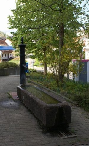 Rechteckiger Brunnentrog mit gußeiserner Säule mit Wasserauslauf