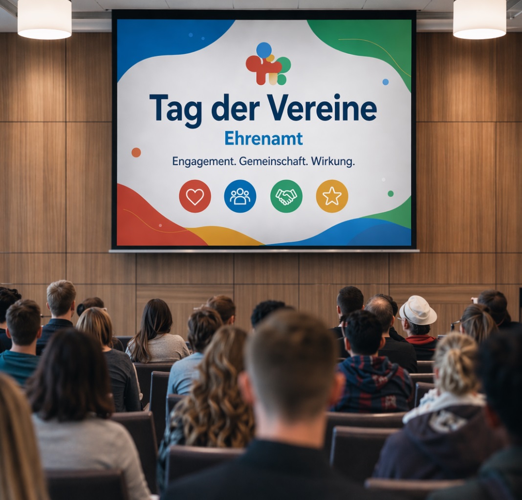 Auf dem digitalen Board steht Tag der Vereine Ehrenamt, auf das die Teilnehmer dieser Veranstaltung blicken. 
