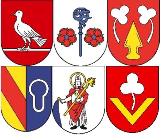 Das Bild zeigt die sechs Wappen der sechs Ettlinger Stadtteile