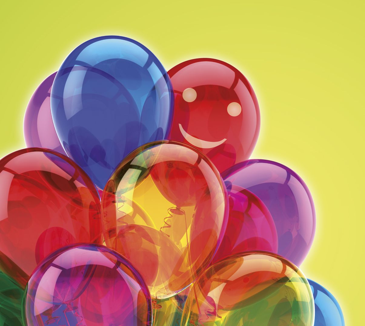 Es sind verschiedenfarbige Lufballons zu sehen, auf einem ist ein lachendes Smiley, gebündelt wie ein Blumenstrauß.