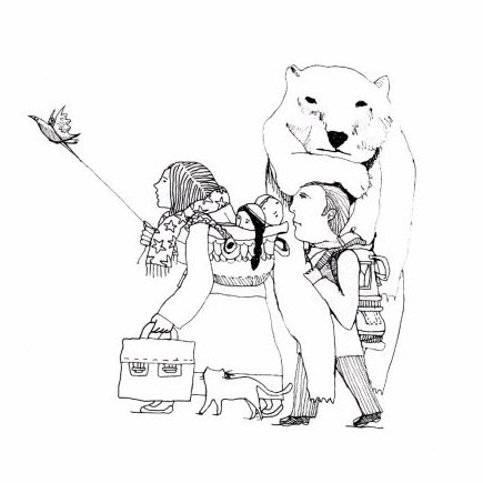 Zeichnung Frau mit Kind und Koffer und Mann und Eisbär auf der Flucht