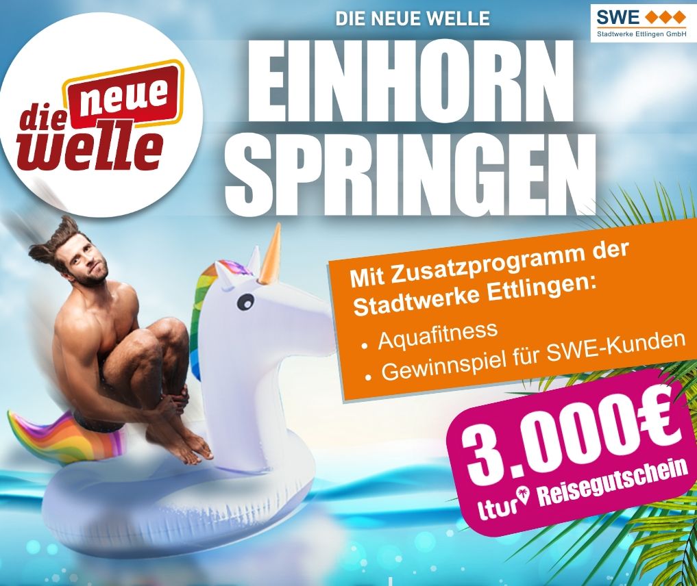 Waldbad Schöllbronn Fest am 17. August Ausschnitt aus dem Plakat zum Event im Waldbad Schöllbronn, ein Mann auf einem aufblasbaren Einhorn s