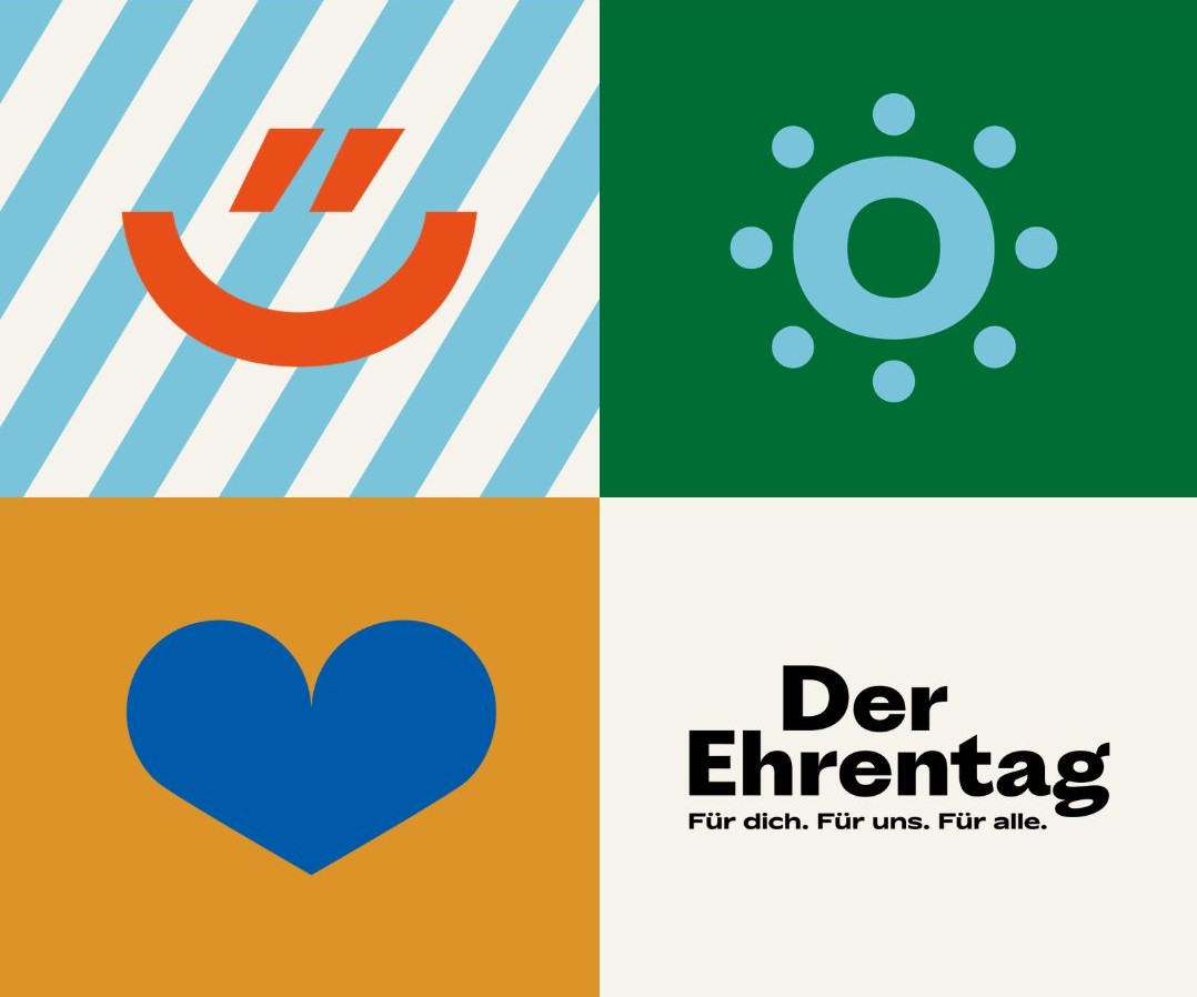 Drei Symbole, ein stilisiertes lachendes Gesicht, ein Herz, ein runder Tisch mit Personen und der Begriff Der Ehrentag Für dich. Für uns. Für alle. 