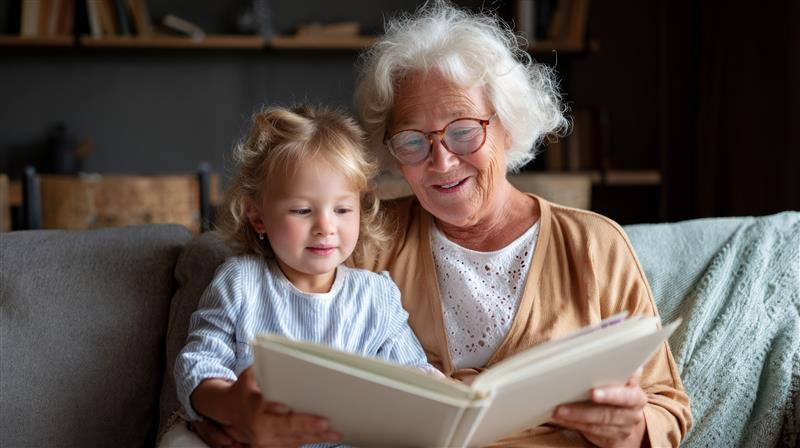 Eine ältere, weißhaarige Frau betrachtet mit einem kleinen Mädchen ein Buch.
