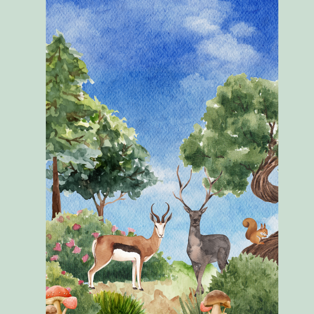 gemaltes Bild mit Bäumen, Reh, Hirsch und Eichhörnchen