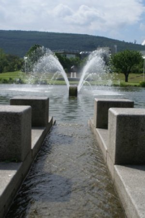 Aufsteigende Wasserfontänen aus der Ferne betrachtet