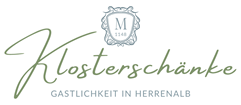 Logo Klosterschänke in grüner Schrift. Wappen in grün mit einem M in der Mitte