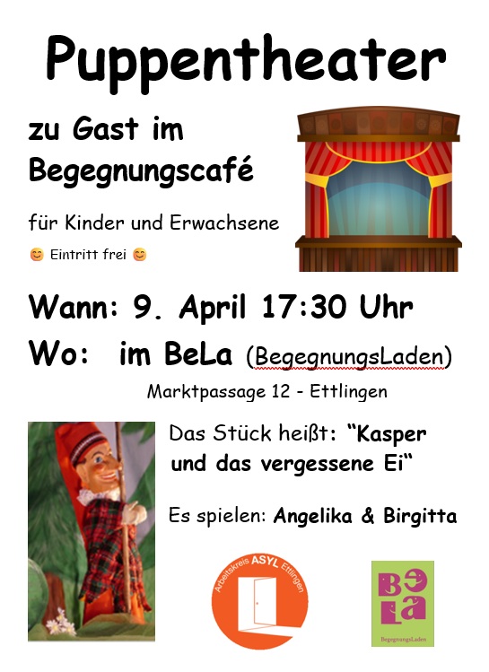 Einladung zum Puppentheater am 9. April um 17 Uhr 30 im Begegnungsladen