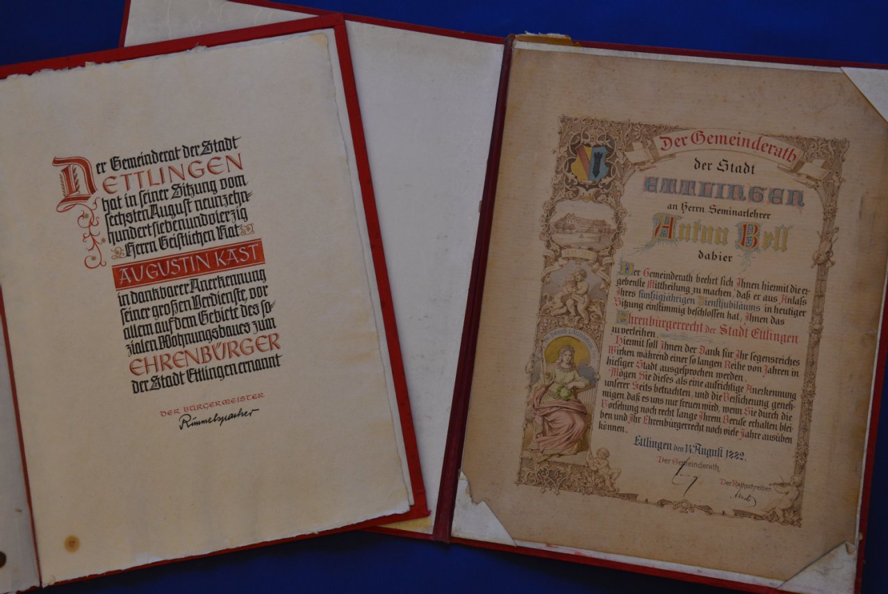 Ehrenbürgerurkunden von Augustin Kast und Anton Bell, Quelle: Stadtarchiv Ettlingen