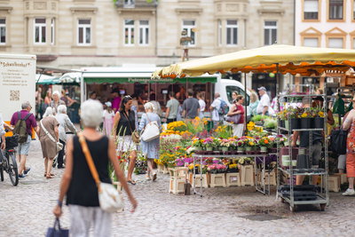 Das Foto zeigt den Wochenmarkt auf dem Marktplatz