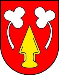 Wappen Oberweier: In Rot eine gestürzte goldene Pflugschar, beseitet von zwei silbernen Kleeblättern.