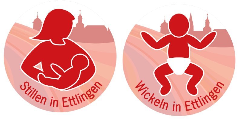 Rotes Piktogramm: eine Mutter beim Stillen und ein Kind mit Windeln