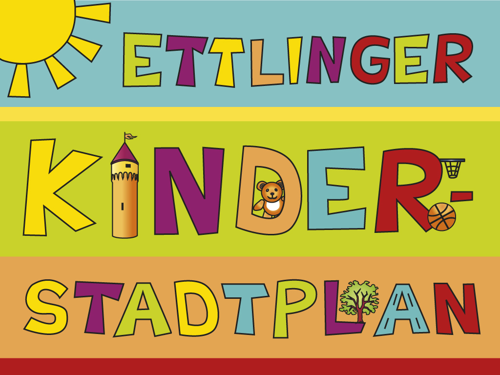 Deckblatt Kinderstadtplan bunt bunte Buchstaben Ettlinger Kinderstadtplan