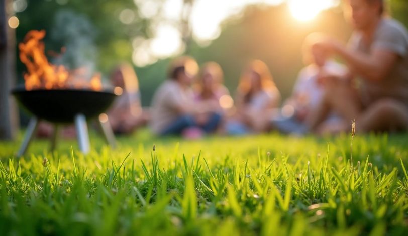 Menschen auf einer Wiese neben einem Grill