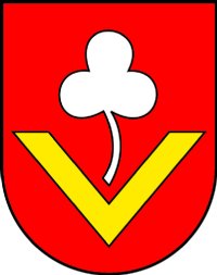 Wappen von Spessart: In Rot ein schwebender gestürzter goldener Spa