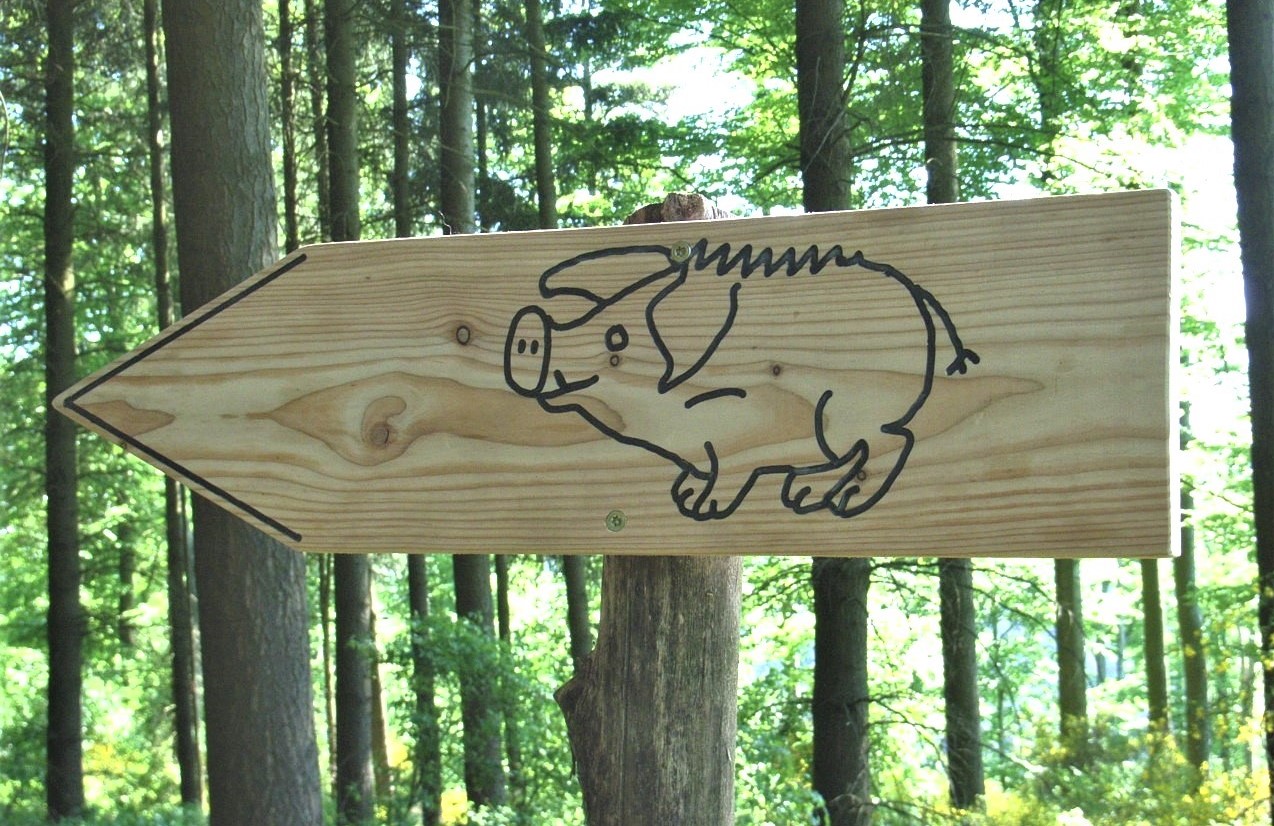 Ein Hinweisschild mit einer rennenden Wildsau für den Erlebnispfad