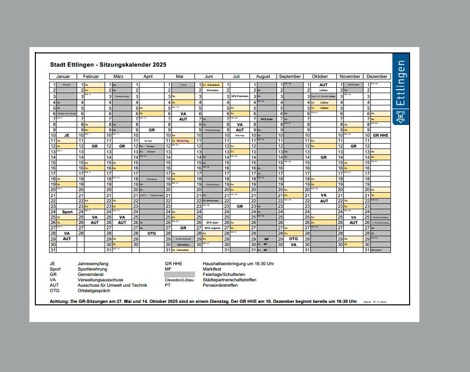 Sitzungskalender Sitzungstermine 2025 auf einem Blick