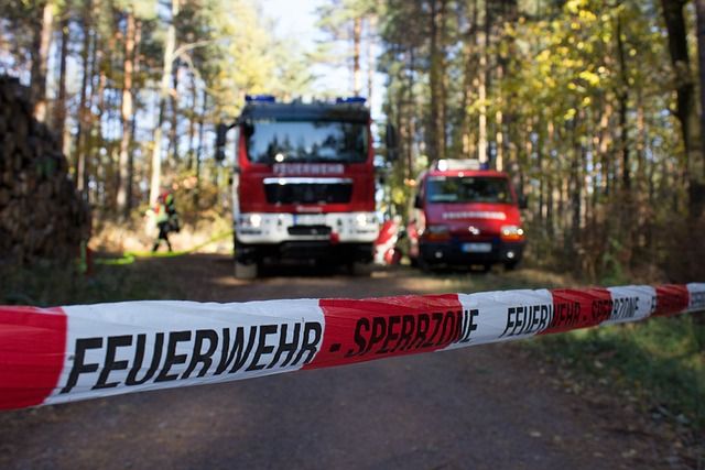 Abgesperrter Bereich im Wald und Feuerwehrwagen