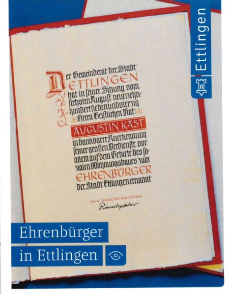 Farbiges Buchcover der Publikation Ehrenbürger in Ettlingen der Stadtverwaltung Ettlingen