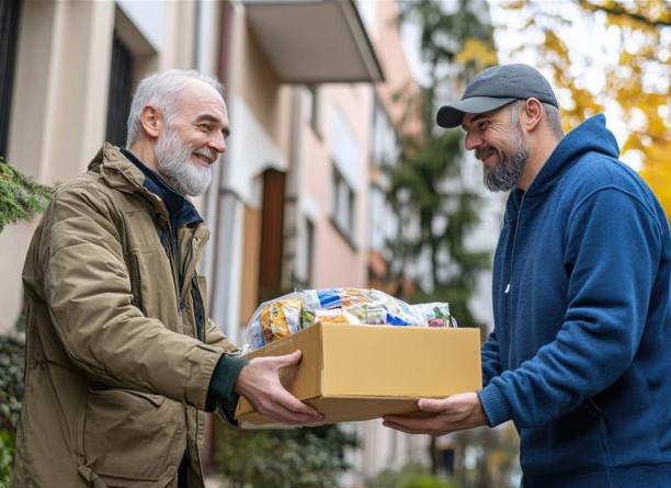 Ein jüngerer Mann im blauen Hoodie überreicht einem Älteren einen Karton mit Lebensmitteln