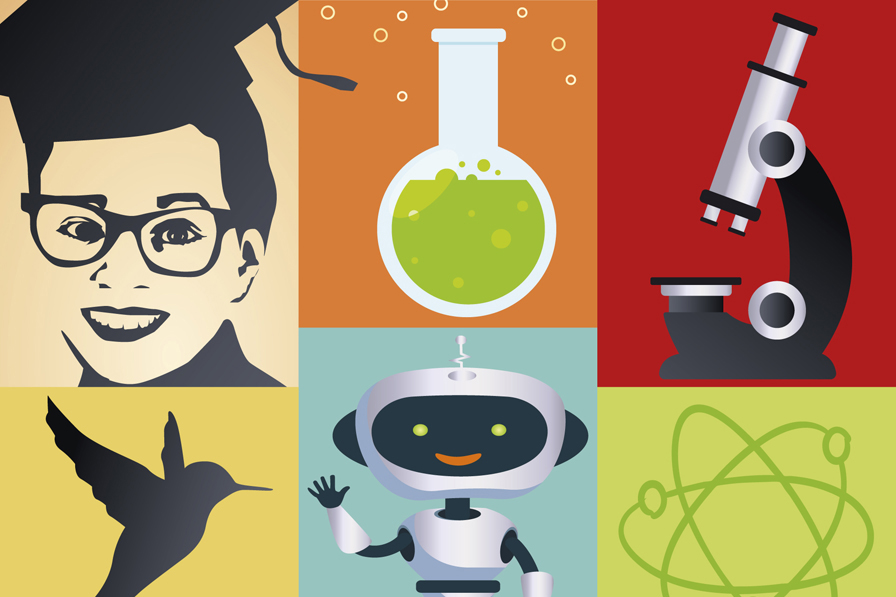 Symbolbild für die EKSA: stilisierte Bilder von einem Kind mit Doktorhut, Chemie, Mikroskop, Atom, Roboter und Kolibri