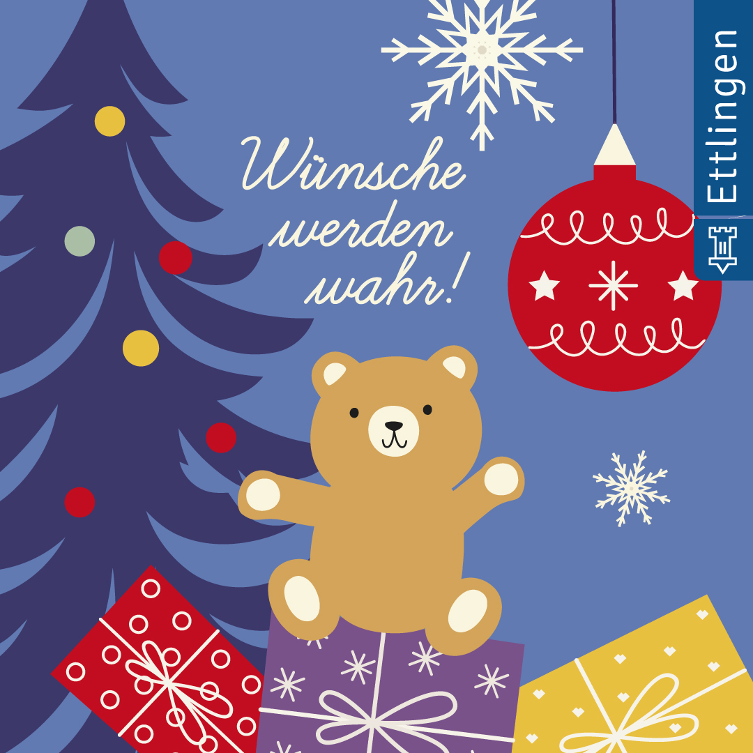 Ein blauer Hintergrund, davor ein stilisierter Weihnachtsbaum, Teddy, Geschenke, Weihnachtskugel und der Spruch Wünsche werden wahr!