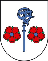 Wappen Ettlingenweier: In Silber ein blauer Abtsstab, begleitet von zwei blaubesamten Rosen mit grünen Kelchblättern.