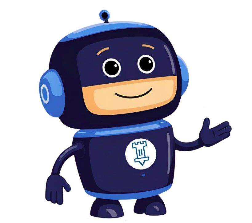 Der Chatbot trägt den Namen Chatlingen, er ist ein blaues Robotermännchen mit Kopfhörern, Antenne und dem Lauerturm als Symbol auf der Brust